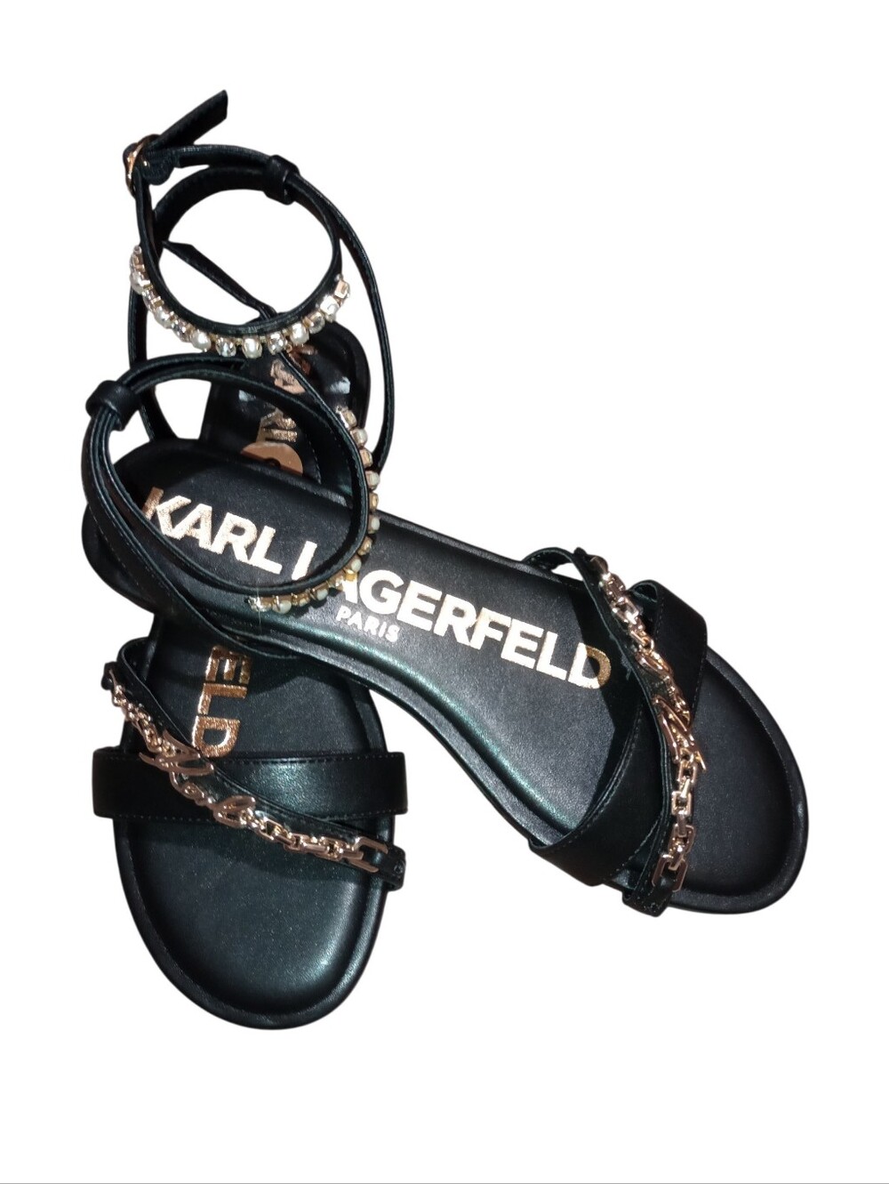 Karl Lagerfeld Black Sandals with Gold Chain & Crystal Ankle Strap, Size 8, NWT